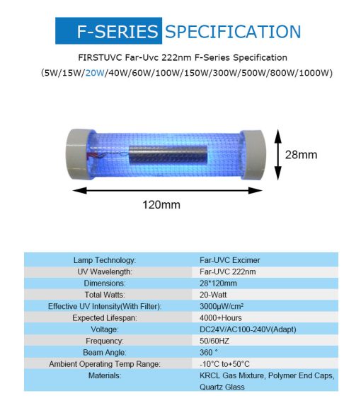 Far-uvc-Quantalamp-specs-F-Series-FirstUVC-24V-Far-UV-222nm-20-watt-Excimer-far-uvc-222nm-20-watt-Lamp-f28-24v-dc
