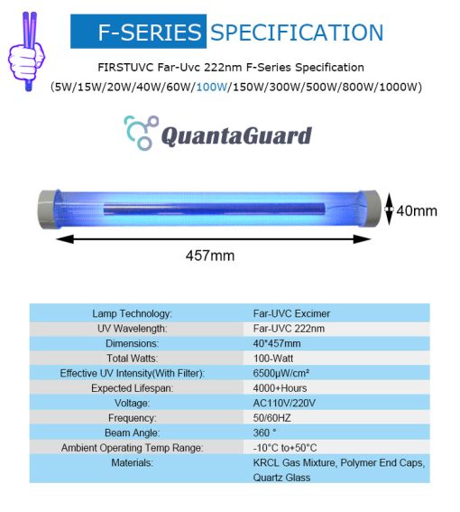 Far-uvc-Quantalamp-specs-F-Series-FirstUVC-F40-100W-AC220V-ac-50-60hz--Far-UV-222nm-100-watt-Excimer-far-uvc-222nm-100-watt-Lamp-F40-100W-AC220V-110-240v-