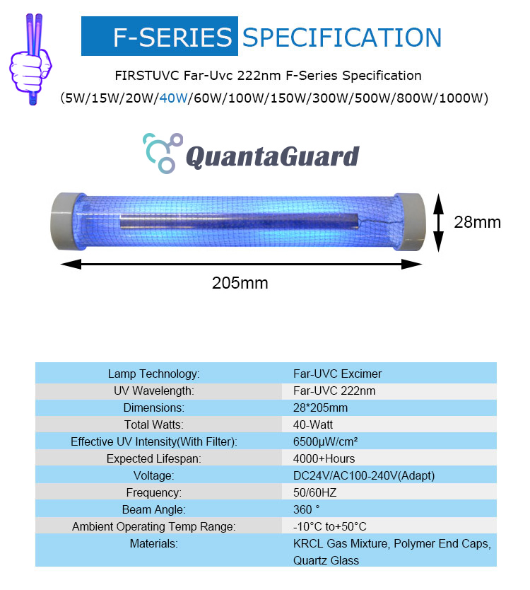 Far-uvc-Quantalamp-specs-F-Series-FirstUVC-dc24V-ac-50-60hz--Far-UV-222nm-40-watt-Excimer-far-uvc-222nm-40-watt-Lamp-f28-F28-40W-DC24V-dc-110-240v-