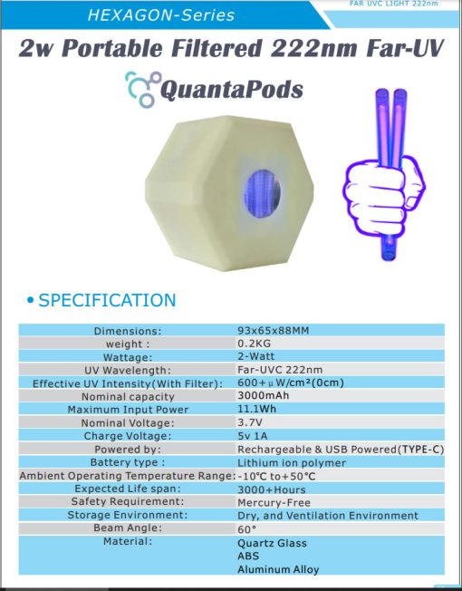 far-uvc-2w-hexagon-3.7v-222nm-20w-filtered-222nm-excimer-lamp-rechargeable-usc-3000mAh-batter-powered-far-uvc-2-watt