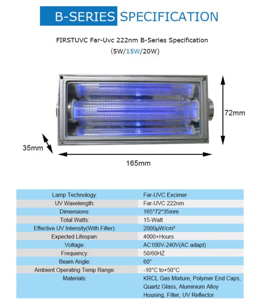 specs-Far-uvc-Quantalamp-b-series-FirstUVC-24V-Far-UV-222nm-15-watt-Excimer-far-uvc-222nm-15-watt-b28-24v-dc