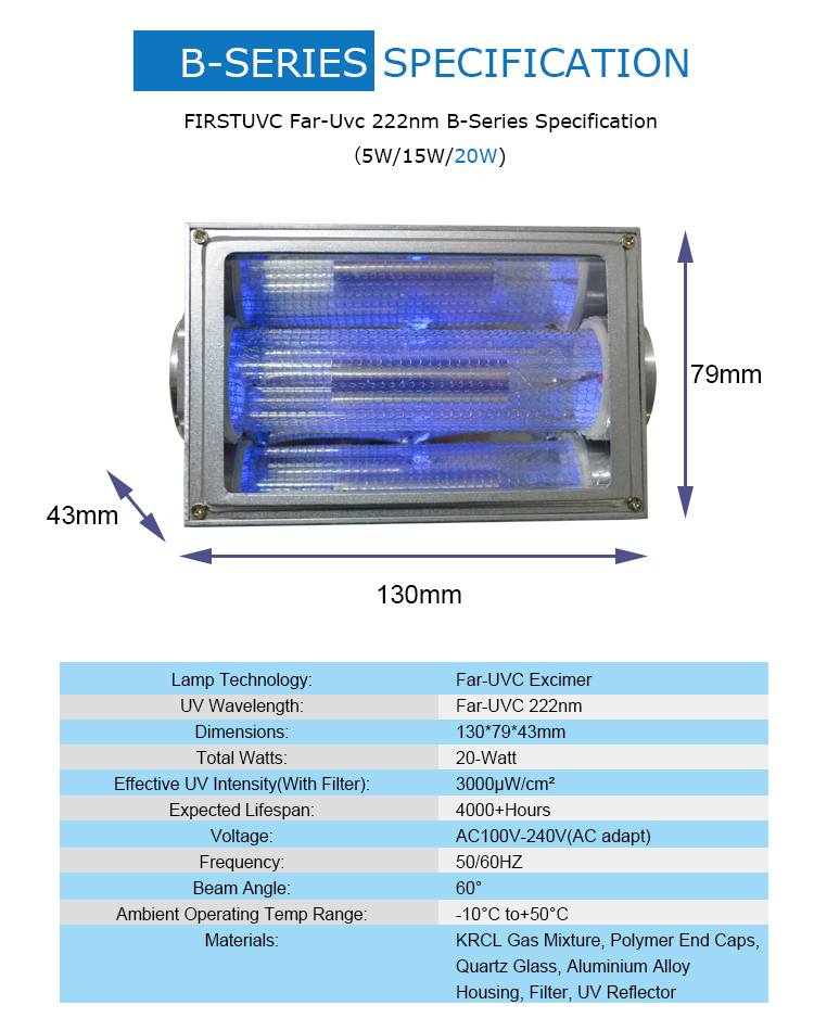 specs-Far-uvc-Quantalamp-b-series-FirstUVC-24V-Far-UV-222nm-20-watt-Excimer-far-uvc-222nm-20-watt-Lamp-f28-24v-dc