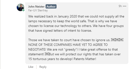 we will protect our rights that has taken over 15 torturous years to develop! Patents Matter!” – sterilray